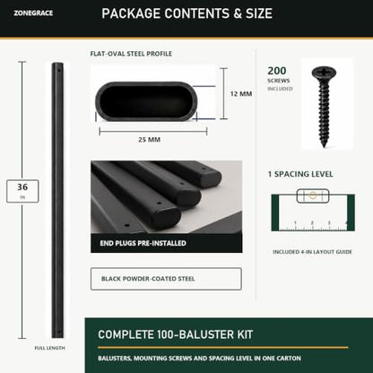 ZONEGRACE 100 Pack 36 Inch Black Deck Balusters, Smooth Oval Metal Spindles and Pickets for Face Mount Wood Porch Patio Railing, with Bubble Level Spacing Gauge, Pre-Installed End Plugs and Screws - size: 36 Inch