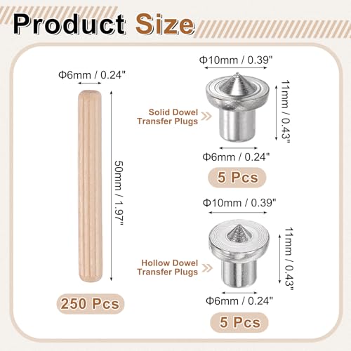 uxcell 250Pcs Wood Dowel Pins, 3/16" x 1 31/32" Wooden Dowel Rods Straight Grooved Pins with 10Pcs Solid Hollow Dowels Tenon Center Transfer Plugs for Furniture Woodworking DIY Project - size: 3/16" x 1 31/32"