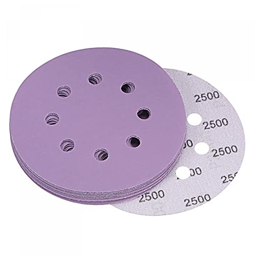 uxcell 10Pcs 5-Inch Purple Sanding Discs 2500 Grits 8 Hole Hook and Loop Professional Aluminum Oxide Sand Paper Wet Dry Polish for Wood Metal Paint Finish - style: 2500 Grit