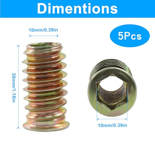 Jiozermi Threaded Insert Nuts for Wood Furniture, M10x30mm, 5 Pcs - size: M10x30mm-5PCs