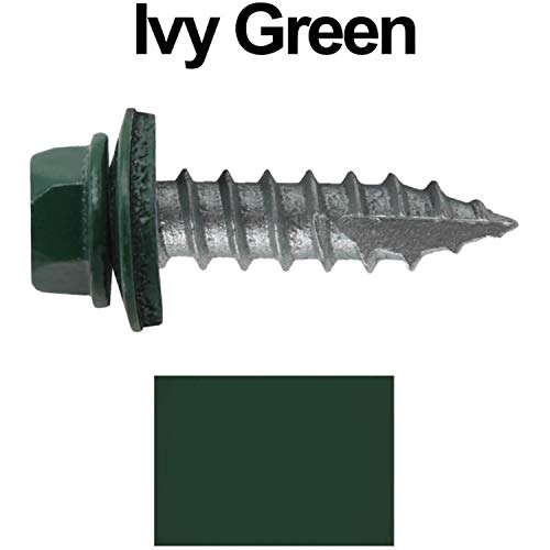 14 x 1 Ivy Green Metal Roofing Screws - Hex Washer Head- Self-Starting/Tapping - EPDM Washer. 1 x 250 Count Bag - 250 Screws - color: IVY GREEN, size: 1"