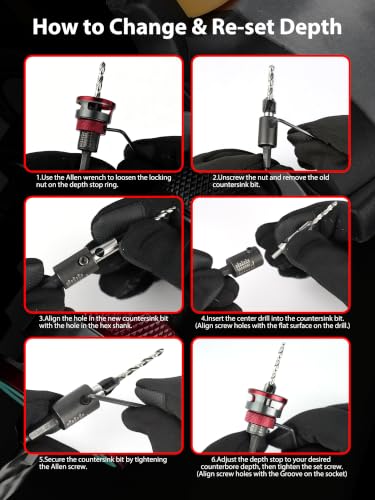 9PCS Countersink Drill Bit Set with Adjustable Depth Stop Collar