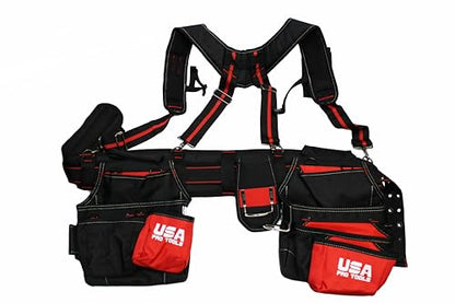 28-Pocket Tool Belt with Suspenders & Phone Holder – Heavy Duty Framer’s Rig Tool Apron for Electricians, Carpenters, Technicians – Adjustable Work Belt with Magnetic Tool Holder – Black/Red