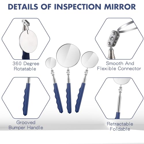 Copkim 3 Pcs Telescoping Inspection Mirror Extendable Long Handle,Blue - color: Blue