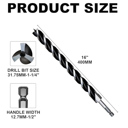 1-1/4"×16" Professional Auger Drill Bit for Wood with Quick Change 1/2" Hex Shank- 3-Cutter Design with Dual-Flute for Fast Chip Removal, Fits Hardwood, Softwood, PVC, Drywall & Tree Stumps - size: 1-1/4"×16"
