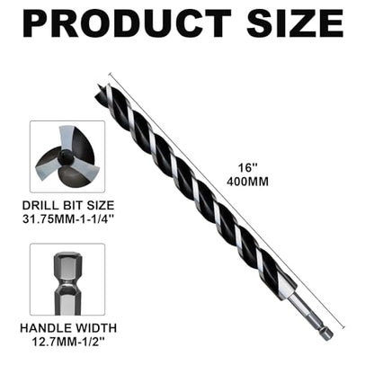 1-1/4"×16" Professional Auger Drill Bit for Wood with Quick Change 1/2" Hex Shank- 3-Cutter Design with Dual-Flute for Fast Chip Removal, Fits Hardwood, Softwood, PVC, Drywall & Tree Stumps - size: 1-1/4"×16"