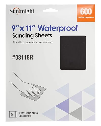 Sunmight 9" X 11" 600 Grit Sandpaper Sheets - Waterproof Sand Paper with Aluminum Oxide Grain & Latex Paper Backing for All Surface Area Preparation - Polishing Sheets (Pack of 5) - style: 600 Grit