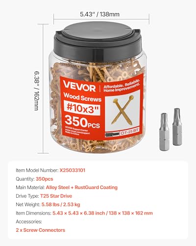 VEVOR Wood Screws 350 PCS, #10 x 3-Inch Anti-Rust Coated, Exterior Deck Screw Torx/T25 Star Drive, Metal Rust-Resistant Outdoor Decking Screws with 2 Screw Connectors, for Decking Fencing Framing