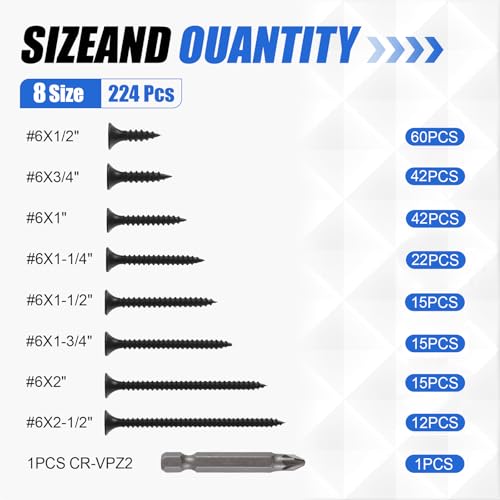 #6 Flat Head Wood Screws Kit 224Pcs Self-Tapping Black - color: Black 224 Pcs