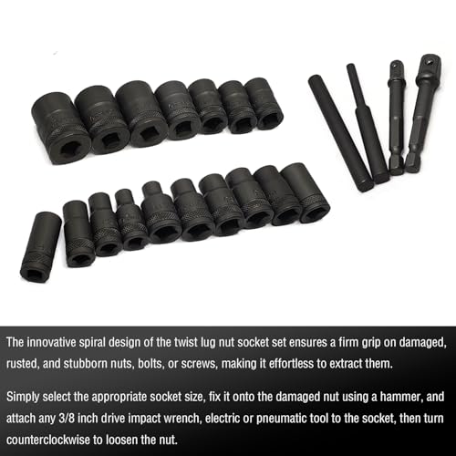 21PCS Twist Lug Nut Socket Set, 3/8" Drive Bolt Nut Extractor Tool - color: 21pcs Lug Nut Extractor 3/8 Inch Drive