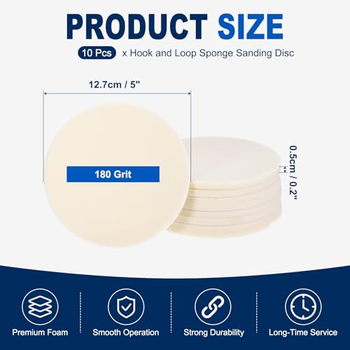 10Pcs 5 Inch Hook and Loop Sponge Sanding Disc, 180 Grit - size: 5 Inch 180 Grit