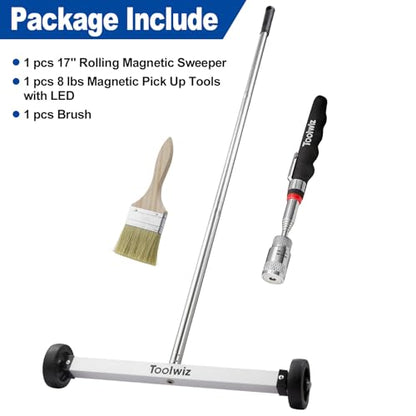 Toolwiz 17" Rolling Magnetic Sweeper with LED Telescopic Pick Up Tool - size: 17 inches + 8 LB Pick Up Tool with Light