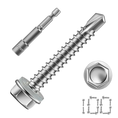 #8 x 1 Self Tapping Screws, 410 Stainless Steel Hex Washer Head (100pcs) - size: #8x1''-100Pcs