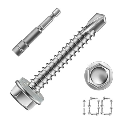#8 x 1 Self Tapping Screws, 410 Stainless Steel Hex Washer Head (100pcs) - size: #8x1''-100Pcs