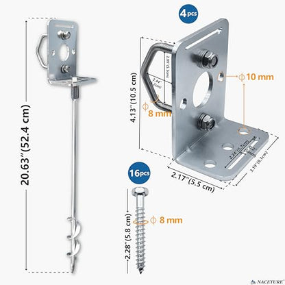 NACETURE 18 Inch Screw-In Ground Anchors with L Brackets, 4 Pack
