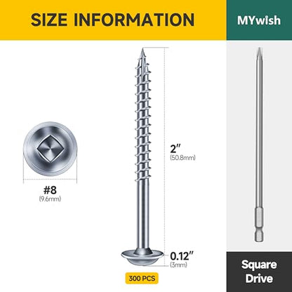 Mywish 300Pcs Pocket Hole Screws 2 Inch, Wood Screws #8 x 2 Washer Head Square Drive Self Tapping Pocket Screws, Zinc Plated, with 150MM Pocket Hole Drill Bit - color: Zinc-Plated, size: #8 x 2"