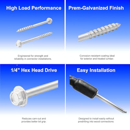 VCTGAM® SD Connector Screws SD9212R500 – 9 x 2-1/2", 1/4" Hex Head, Structural Framing Joist Hanger Screws, Prem-Galvanized High-Strength Corrosion & Deformation Resistant Wood Screws, (500-Qty)