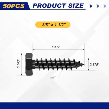 Zonon 50 Pcs 3/8'' X 1-1/2'' Hex Head Lag Bolts Screws with Washers, Black - color: Black, size: 3/8'' X 1-1/2''