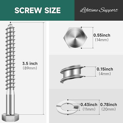 (10Sets) 3/8" x 3-1/2" Hex Head Lag Bolts, Heavy Duty Lag Screws with Washers, 304 Stainless Steel 18-8, 3/8 Bolt for Wood, Partial Thread - size: 3/8" x 3-1/2"