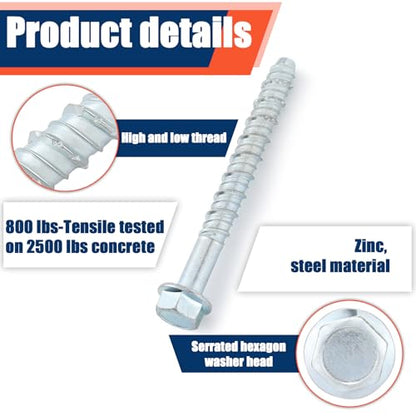 Tandefio 40 Pack 1/2" X 5" Concrete Anchors and Screw Kits Galvanized - size: 1/2" X 5"