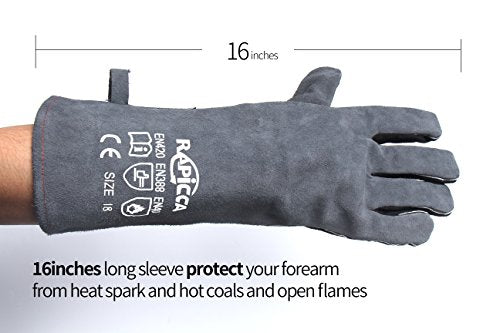 RAPICCA Fireplace Fire Pit Gloves, 662°F Fireproof Leather, 16 in Grey - color: Grey(length 16in)