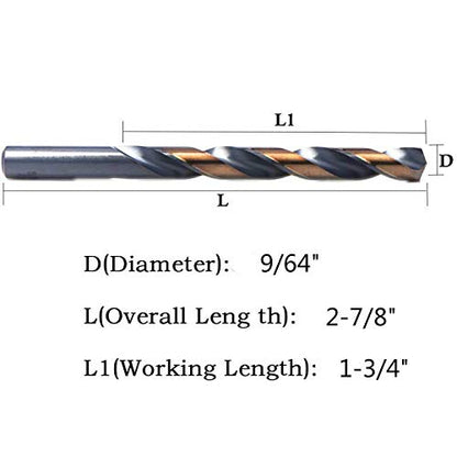 12 PCS, 9/64", Black and Gold Coated Twist Drill Bits, Pack in Plastic Bag