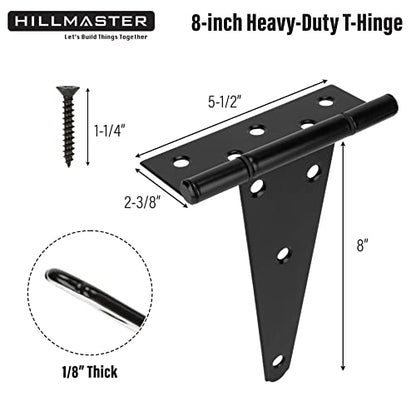HILLMASTER 8 Inch T-Strap Heavy Duty Shed Door Hinges Gate Strap Hinges Black Tee Hinge Wrought Hardware for Wooden Fences,Yard,Barn Door,Rustproof (6 Pack) - size: 8in 6Pack