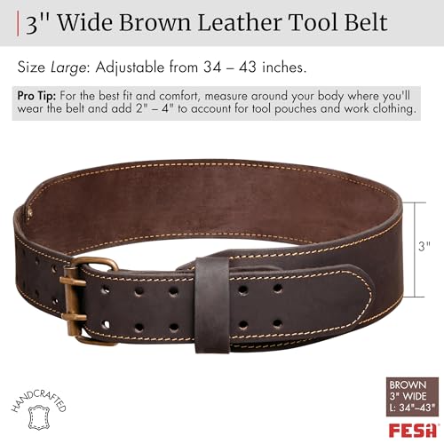 FESA Men's Leather Tool Belt - Handcrafted Top Grain Leather Tool Pouch Belt for Carpenters & Other Trade Professionals - color: Brown - 3" Wide - L