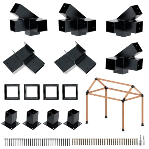 6 PCS Iron Pergola Brackets with 4 Post Bases & Covers - size: 14-Pc Gable Kit: 6P Brackets+4P Base&Cover