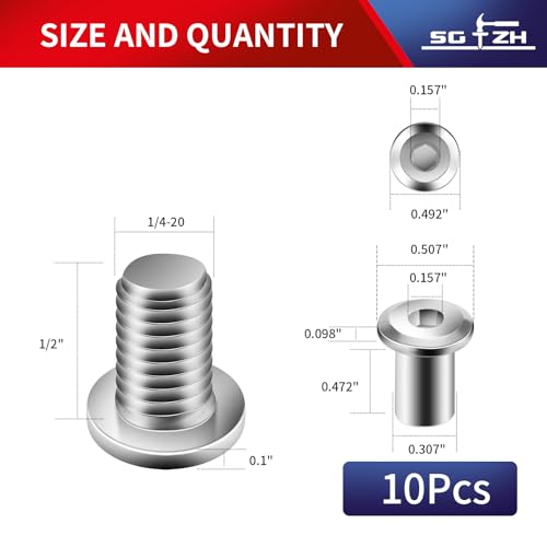 1/4-20 x 1/2" 10Pcs Flat Head Hex Socket Cap Screws Bolts Barrel Nuts Kit, 304 Stainless Steel 18-8, Full Thread by SG TZH (with Hex Spanner) - color: Silver, size: 1/4-20 x 1/2"