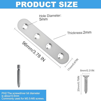 8 Pack Straight Brace,Flat Brace 3.9” x 0.67”,Stainless Steel Flat Metal Braces,Repair Bracket with Screws - size: 96mm/8 Pcs