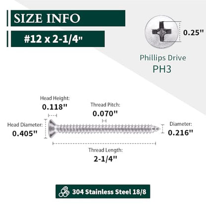 #12 x 2-1/4" Flat Head Sheet Metal Screws, 304 Stainless Steel (18-8), Phillips Drive, Self Tapping, Corrosion Resistant Screws for Wood, Sheet Metal and More, 25 Pack - size: #12 x 2-1/4"