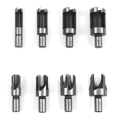 Wood Plug Cutter Drill Bit Set, 8 Pack Straight and Tapered Plug Cutters for DIY Woodworking Projects, 4 Sizes Hex Shank, Black