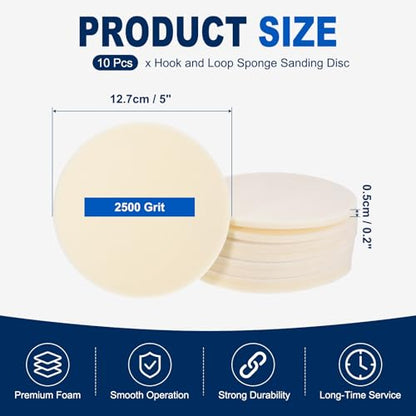 10Pcs 5 Inch Hook and Loop Sponge Sanding Disc, 2500 Grit - size: 5 Inch 2500 Grit