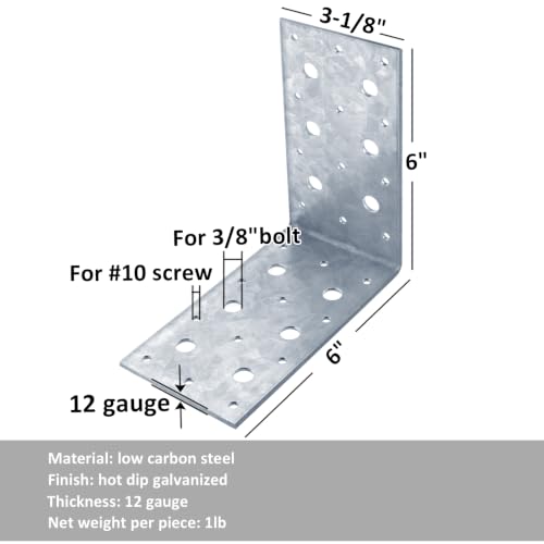 4 Pcs 6'' Galvanized L Brackets, Heavy Duty Corner Brace for Wood