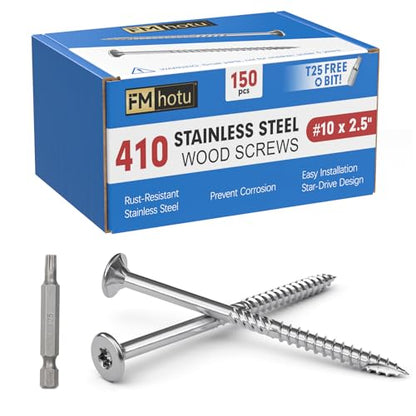 #10 x 2.5 Stainless Steel Deck Screws, 150Pcs 410 Grade Stainless Steel - size: #10 × 2-1/2"