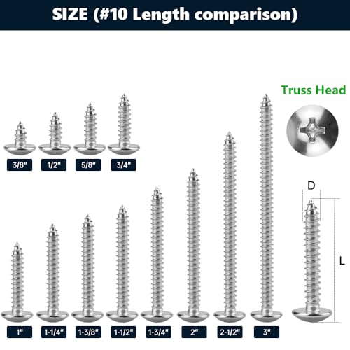#10 x 1-1/4" Stainless Steel Truss Head Self Tapping Screws, 304 SS (18-8), Phillips Drive, Corrosion Resistant Screws for Wood, Metal & Sheet Metal Projects, 50 Pack - size: #10 x 1-1/4"