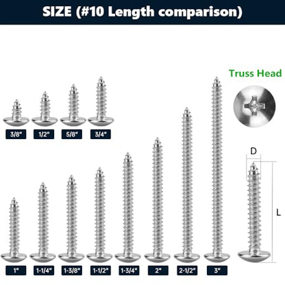 #10 x 1-1/4" Stainless Steel Truss Head Self Tapping Screws, 304 SS (18-8), Phillips Drive, Corrosion Resistant Screws for Wood, Metal & Sheet Metal Projects, 50 Pack - size: #10 x 1-1/4"