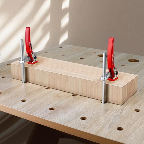 2 Pack Track Saw Clamps for Guide Rail – Heavy Duty Quick Release Ratchet Clamp Set, Compatible with Festool, Makita, Dewalt, Table Saw Hold Down, T Track Woodworking Clamps with Non-Marring Pads - color: Red