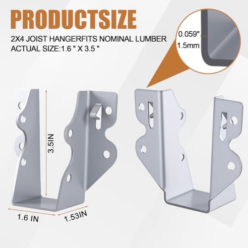2x4 Joist Hangers Galvanized 60 Pcs,16 Gauge Face Mount Joist Hanger - size: 2" x 4"