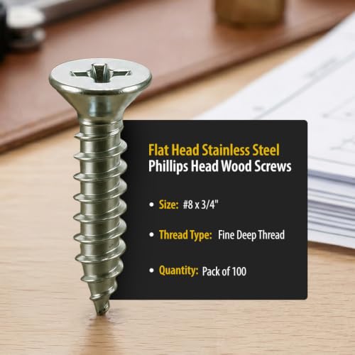 BCP Fasteners #8 x 3/4" Stainless Steel Flat Head Wood Screws, 100 Pack - size: #8 x 3/4"