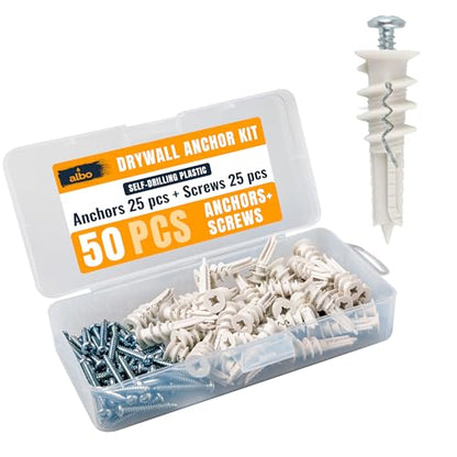 ALBO 50 Pcs. Plastic Self-Drilling Drywall Anchors and Screws Kit, White - color: Self White 25pcs