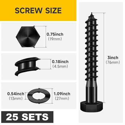 Mywish (25Sets) 1/2" x 3" Lag Bolts, 304 Stainless Steel 1/2 inch Lag Screws Bolts for Wood, Heavy Duty Hex Head with Flat Washers Bolt Kit, Black Oxided - size: 1/2 x 3"