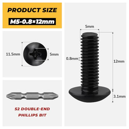 100pk M5 x 12mm Black Truss Head Machine Screws, 304 SS + Bit - size: M5-0.8 x 12mm