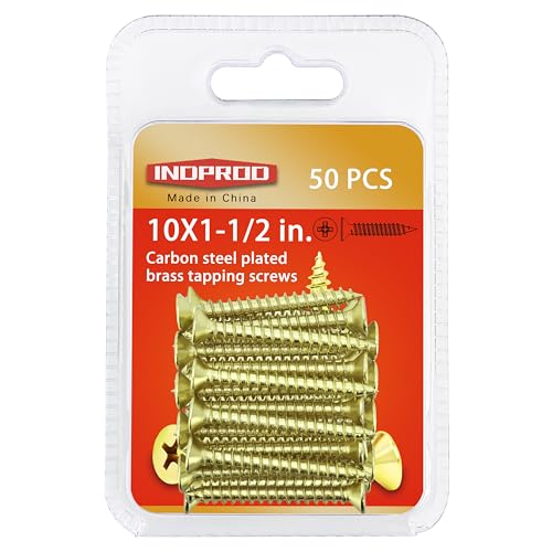 #10 X 1-1/2" Wood Screw, Phillips Flat Head Self Tapping Screws, Brass Plated Carbon Steel, Brass Plated Screws for Wood, Wood Screws #10 X 1 1/2 Inch, 50Pcs - size: #10 × 1-1/2"