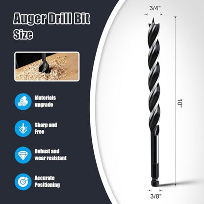 3/4" x 10" Auger Drill Bit for Wood,Hex Shank Tri Flute Drill Bit - size: 3/4"x10"