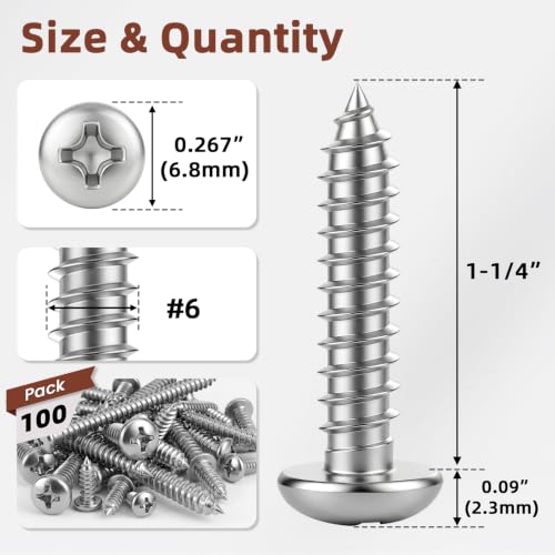 Mellewell #6 x 1-1/4" Pan Head Self Tapping Screw, Pan Head Sheet Metal Screws Wood Screws, Stainless Steel 304 (18-8), 100 Pack - color: Silver, size: #6 x 1-1/4"