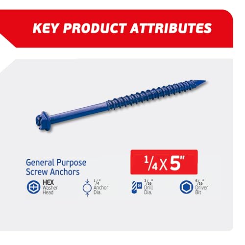 1/4 x 5" Hex Head Blue Concrete Screw Anchors with 1 Screwdriver and 1 Drill Bit for Concrete, Masonry, Block, Brick and Wood Fastening (100 Screws per Box) - size: 1/4 x 5"