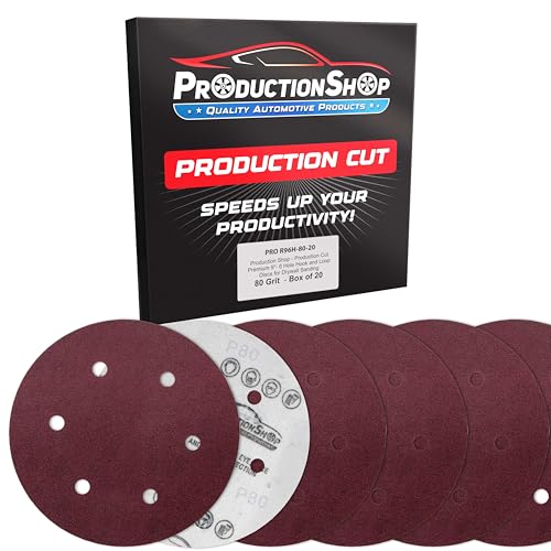 ProductionShop Premium 9" Red 6-Hole Pattern 80 Grit Sanding Discs, Box of 20 - Dustless Hook & Loop Backing Sandpaper for Drywall Power Sanders, Coarse-Cut Abrasive - Woodworking, Sand Auto Paint - style: 80 Grit