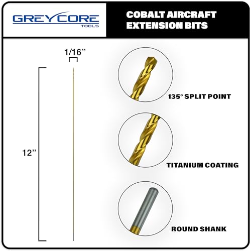 Greycore Tools 1/16 Inch x 12 Inch Cobalt Aircraft Extension Bit – M35 Cobalt Drill Bit, Industrial Titanium Coating – Drill Bits for Steel, Hard Metal, Cast Iron, Wood, Plastic (1/16" x 12") - size: 1/16" x 12", style: 12" Length